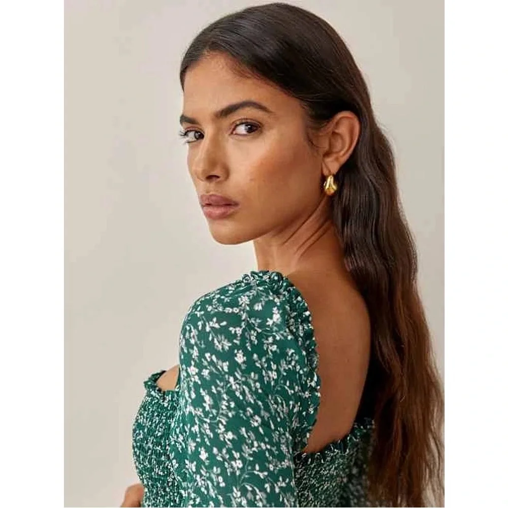 Reformation‎ Pinto Long Puff Sleeve Smocked Top in Parsley Green & White Floral